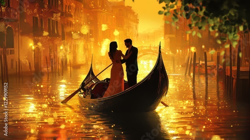 A traditional Venetian gondola glides along a canal at sunset in the romantic Italian city