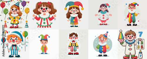 vector set of kids in clown costumes