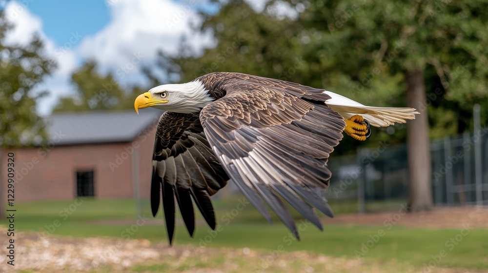 Majestic Bald Eagle in Flight Against Blue Sky with Clouds Majestic Bald Eagle in Flight Against Blue Sky with Clouds