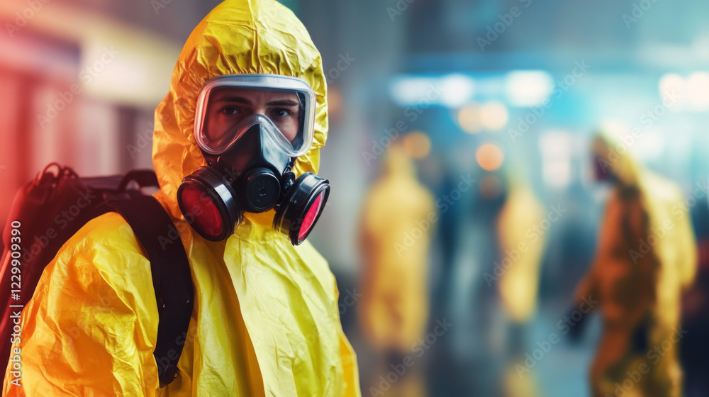 Man in a yellow hazmat suit is standing in front of a group of people Man in a yellow hazmat suit is standing in front of a group of people