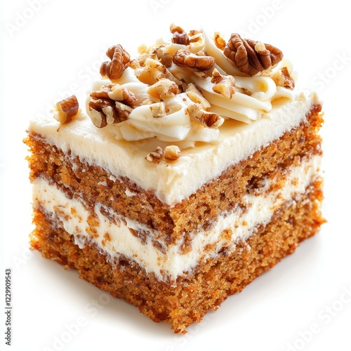 A square piece of carrot cake with cream cheese frosting and walnuts on top