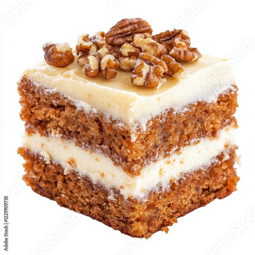 A square piece of carrot cake with cream cheese frosting and walnuts on top
