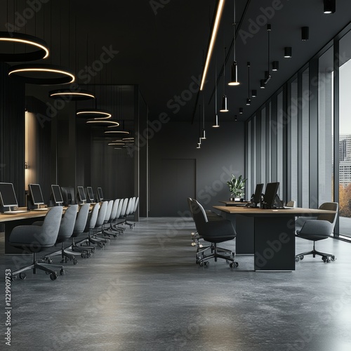 Interior of stylish open space office with dark gray walls, concrete floor, rows of computer tables with gray chairs and conference room with long table next to it. 3d rendering photo