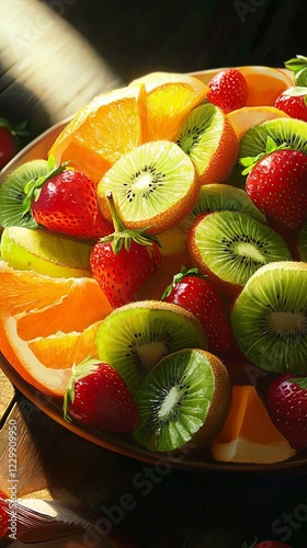 Wallpaper Mural A bowl of fresh fruit salad with vibrant kiwis, strawberries, and oranges. picture Torontodigital.ca