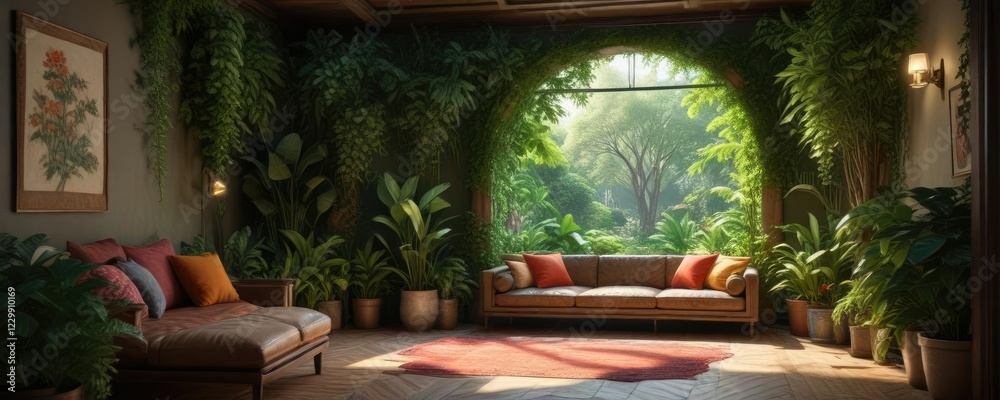 Obraz premium Lush greenery surrounding a central reading nook , overgrown plants, cozy reading spot
