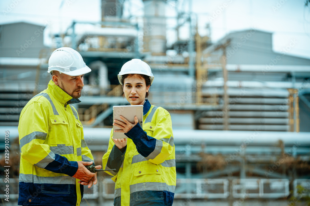 Engineers discuss project details at an industrial site while inspecting machinery and reviewing plans on a tablet Engineers discuss project details at an industrial site while inspecting machinery and reviewing plans on a tablet
