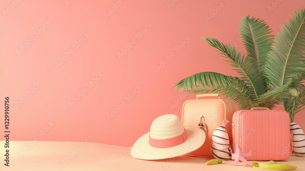 Obraz premium Pastel Suitcases Hat and Palm Leaves Summer Vacation
