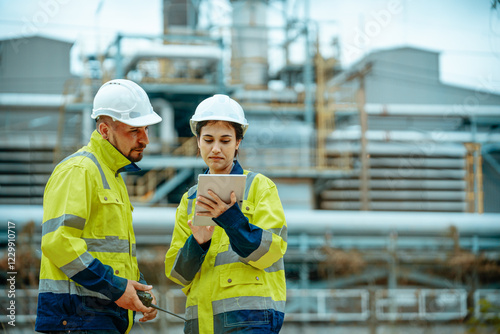Engineers discuss project details while checking data on a tablet at an industrial plant