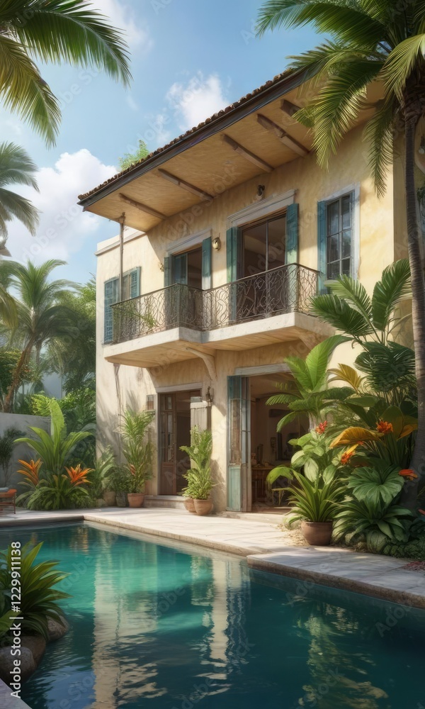 Maison tropicale avec cour et eau dans une aquarelle naturellement color?e, soleil, fleurs Maison tropicale avec cour et eau dans une aquarelle naturellement color?e, soleil, fleurs