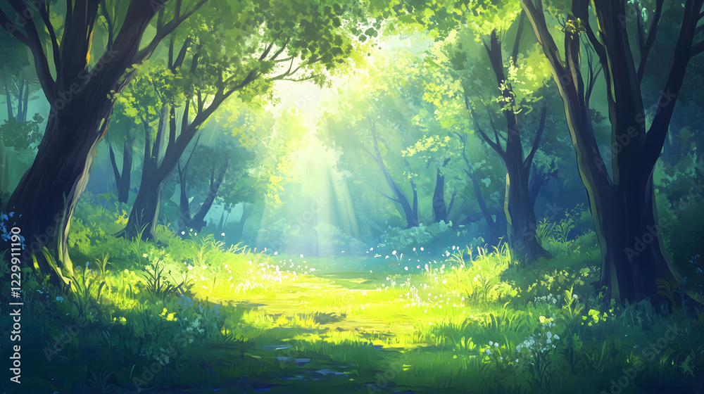 Obraz premium Tranquil Forest Glade Illuminated by Soft Pastel Sunlight During a Peaceful Afternoon. Generative AI