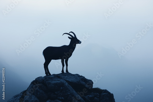 A wild goat stands on a rugged mountain peak, its silhouette visible against a misty, fog-covered landscape with distant hazy mountains