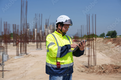 Asian architect engineer wearing safety uniform surveying and working at building structure checking blueprints construction site road general job details business concept architecture street photo