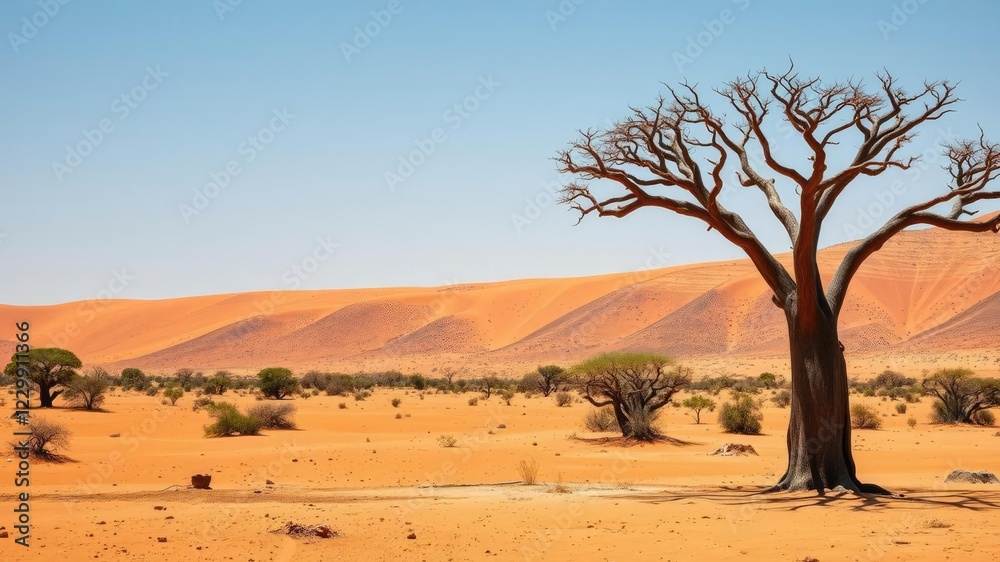 Majestic baobab tree standing tall on arid African savannah surrounded by golden sand, desert, Africa, golden Majestic baobab tree standing tall on arid African savannah surrounded by golden sand, desert, Africa, golden