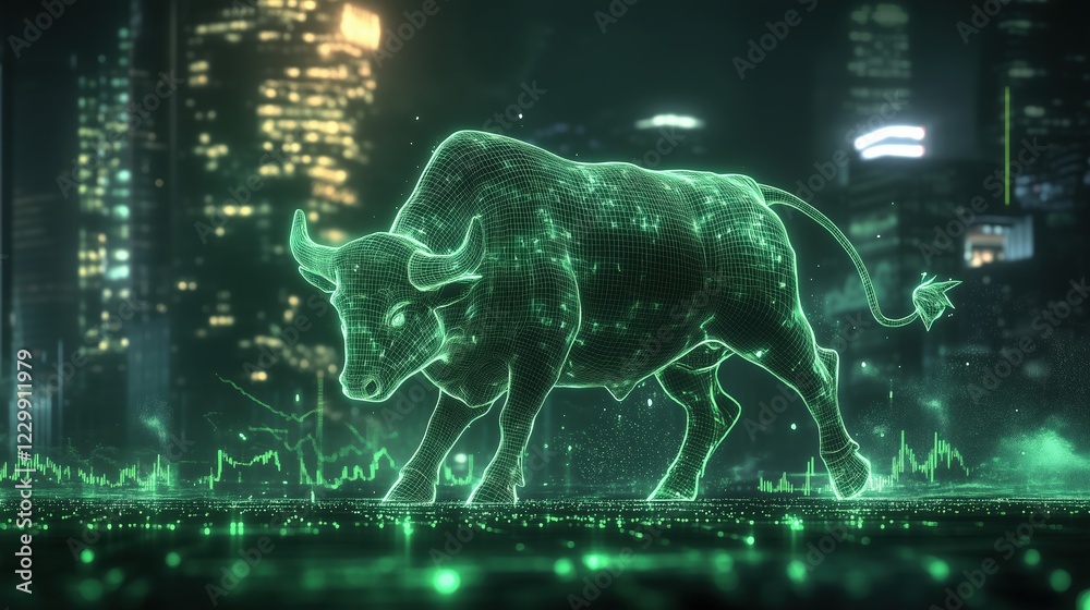Fototapeta premium This digital art piece features a glowing green bull symbolizing the bullish cryptocurrency market, set against a futuristic cityscape and trading data. The neon, 3D elements emphasize the financial g