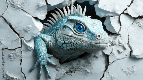 Fototapeta Naklejka Na Ścianę i Meble -  Ice Lizard Emerging from Fractured Wall