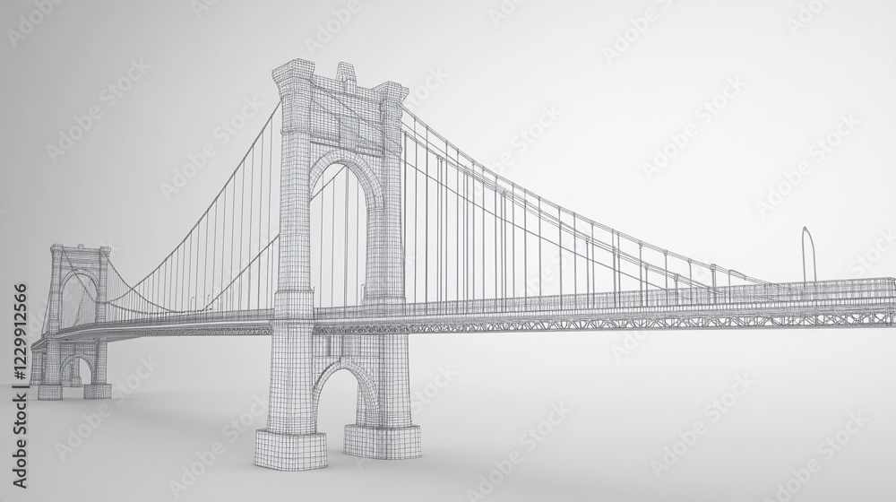 Fototapeta premium Architectural Wireframe Model of a Suspension Bridge