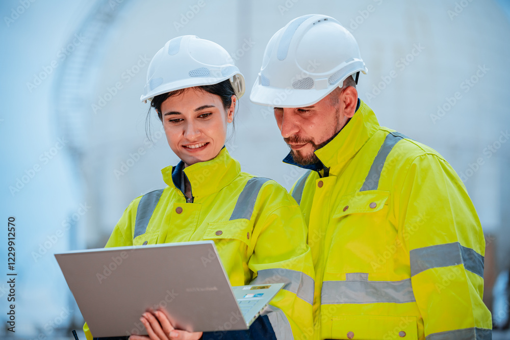 Construction workers collaborate on a project while reviewing plans on a laptop outdoors during daytime at a building site Construction workers collaborate on a project while reviewing plans on a laptop outdoors during daytime at a building site