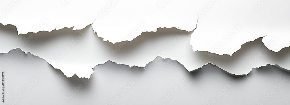 This close-up image showcases a textured white paper surface with uneven rips and tears, creating a unique abstract pattern against a light gray background This close-up image showcases a textured white paper surface with uneven rips and tears, creating a unique abstract pattern against a light gray background