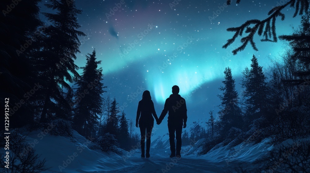 Silhouette of a couple walking under the moonlight in a winter forest Silhouette of a couple walking under the moonlight in a winter forest