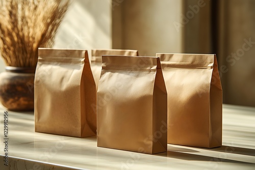 Four blank brown paper bags on a table in sunlight