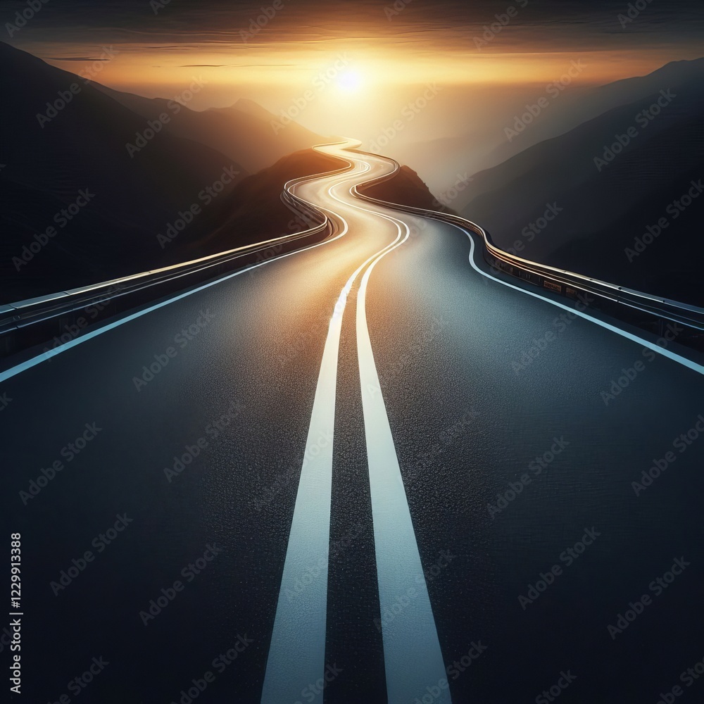 Obraz premium winding road in the sunset, taken from a head-on perspective 