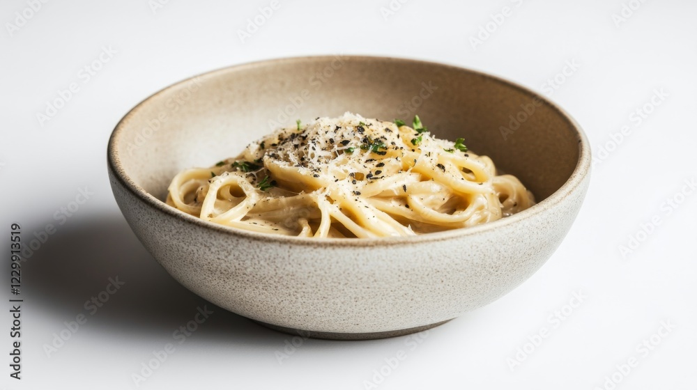 An elegant ceramic bowl filled with creamy pasta, topped with grated cheese and herbs, set against a soft white background for a sophisticated appearance An elegant ceramic bowl filled with creamy pasta, topped with grated cheese and herbs, set against a soft white background for a sophisticated appearance