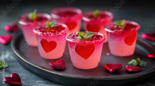 Wallpaper Mural A set of small Valentine jelly cups with pink and red hues, decorated with tiny heart candies and fresh mint, on a tray Torontodigital.ca