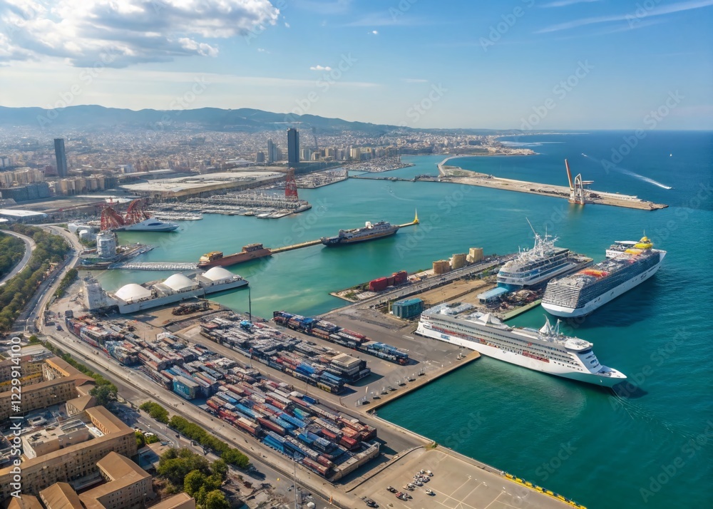 Obraz premium Aerial View of Barcelona Harbor, Spain: Ships, Docks, and Cityscape