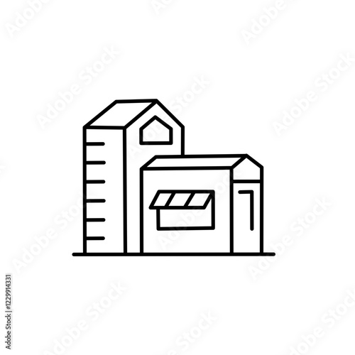 Factory and house building icons set line illustration.