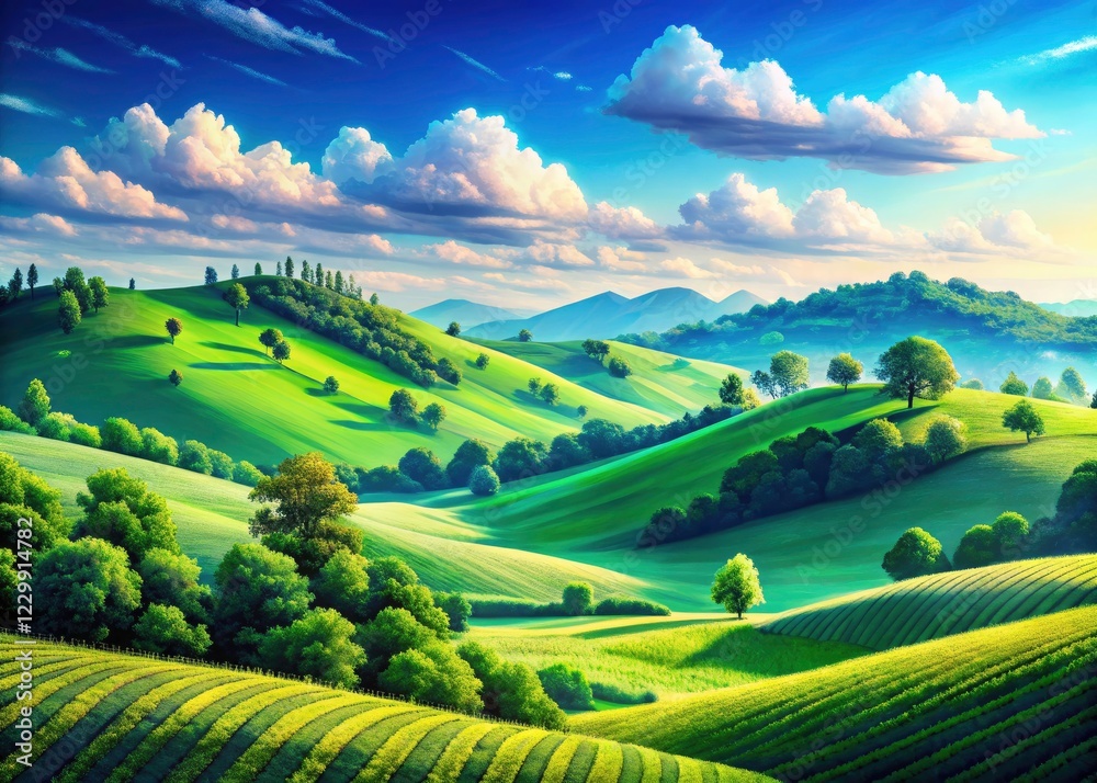 Fototapeta premium 8-bit green hills and blue sky gaming poster background. Pixel art perfection for retro game aesthetics.