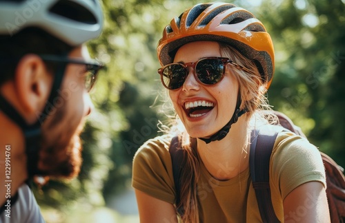 a happy young couple riding road bikes and talking to each other, wearing helmets and glasses