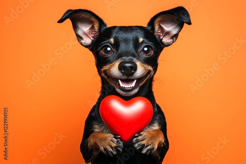 Cute manchester terrier dog with animal toy red heart - emblem of love, funny greeting card. Manchester terrier - my desired dog. Promotion creative. Red heart romantic pet ideas. Animal love. photo