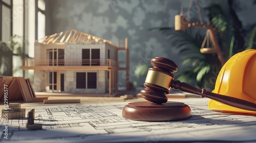 Construction Law: Gavel, Hard Hat, and House Model on Blueprints