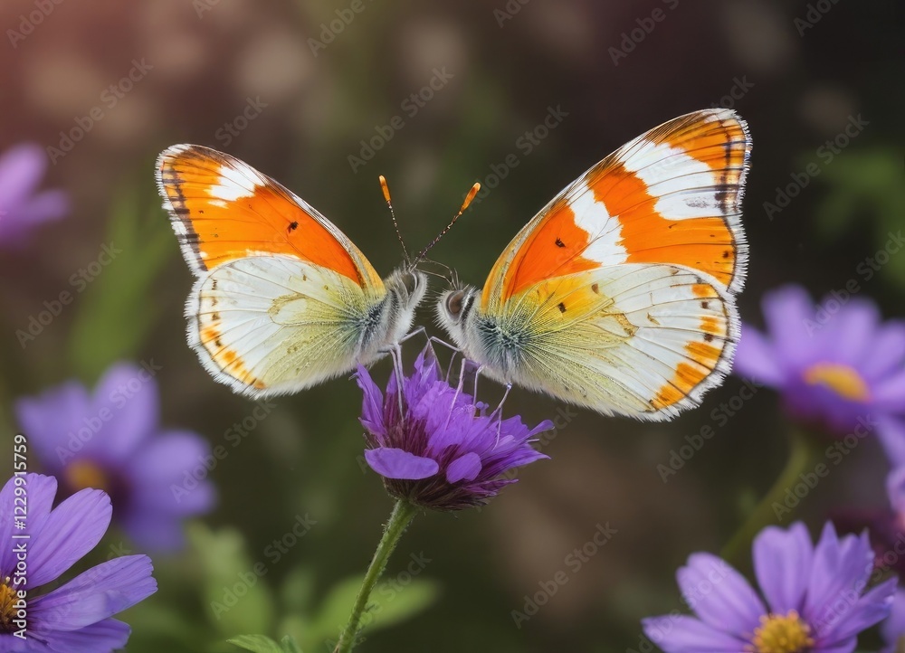 Fototapeta premium Orange tip Anthocharis cardamines butterfly landing on a vibrant purple wild flower petal , insects, purple flowers