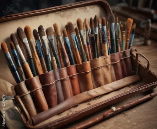 Open leather case with an array of paintbrushes used for watercolor works, precision, art therapy, variety