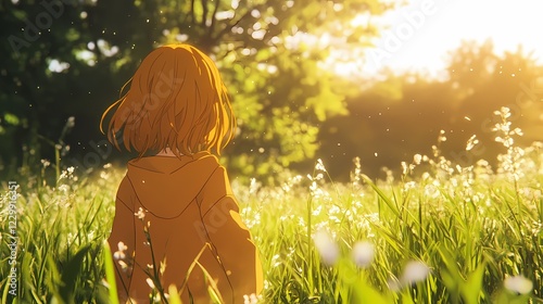 Girl in a sunlit meadow, peaceful anime-style artwork