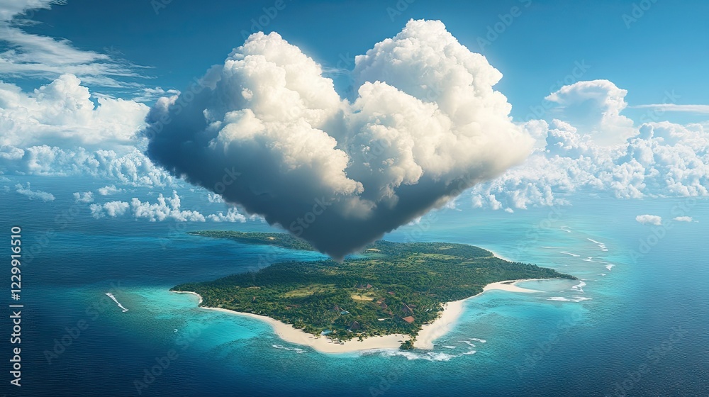 Naklejka premium A giant fluffy heart cloud appearing above a breathtaking tropical island.