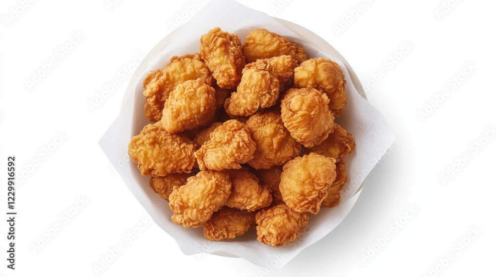 An overhead view of a basket filled with crispy fried chicken pieces, lined with parchment paper, contrasting beautifully against a bright white background An overhead view of a basket filled with crispy fried chicken pieces, lined with parchment paper, contrasting beautifully against a bright white background