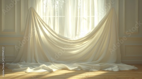 Draped white fabric softly illuminated by sunlight interior room photography minimalist design warm atmosphere