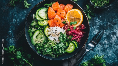 An overhead shot of a colorful poke bowl filled with fresh fish, vegetables, and rice, beautifully arranged to highlight its vibrant colors and textures