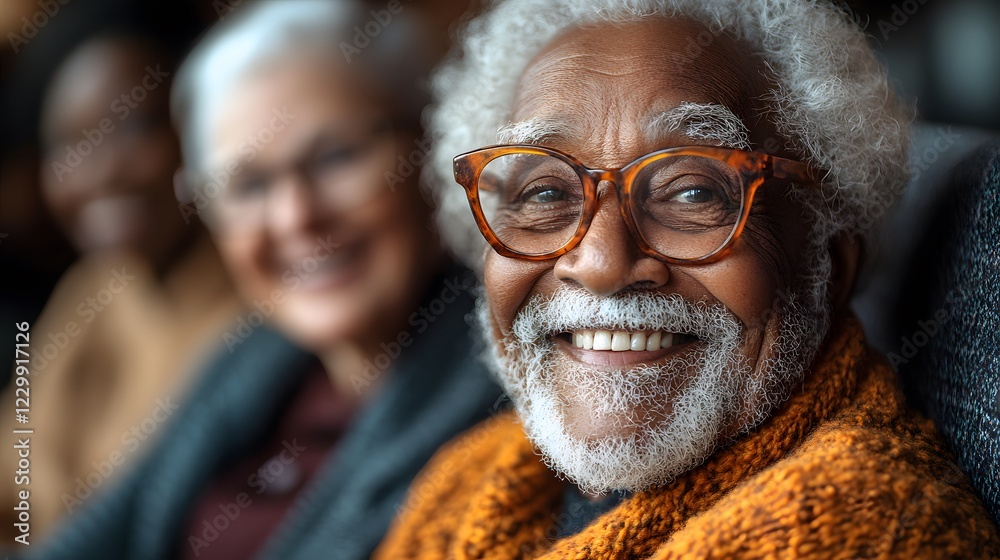A group of elderly people laughing in a community center, embracing laughter for peace and health, 8K high resolution with copy space A group of elderly people laughing in a community center, embracing laughter for peace and health, 8K high resolution with copy space