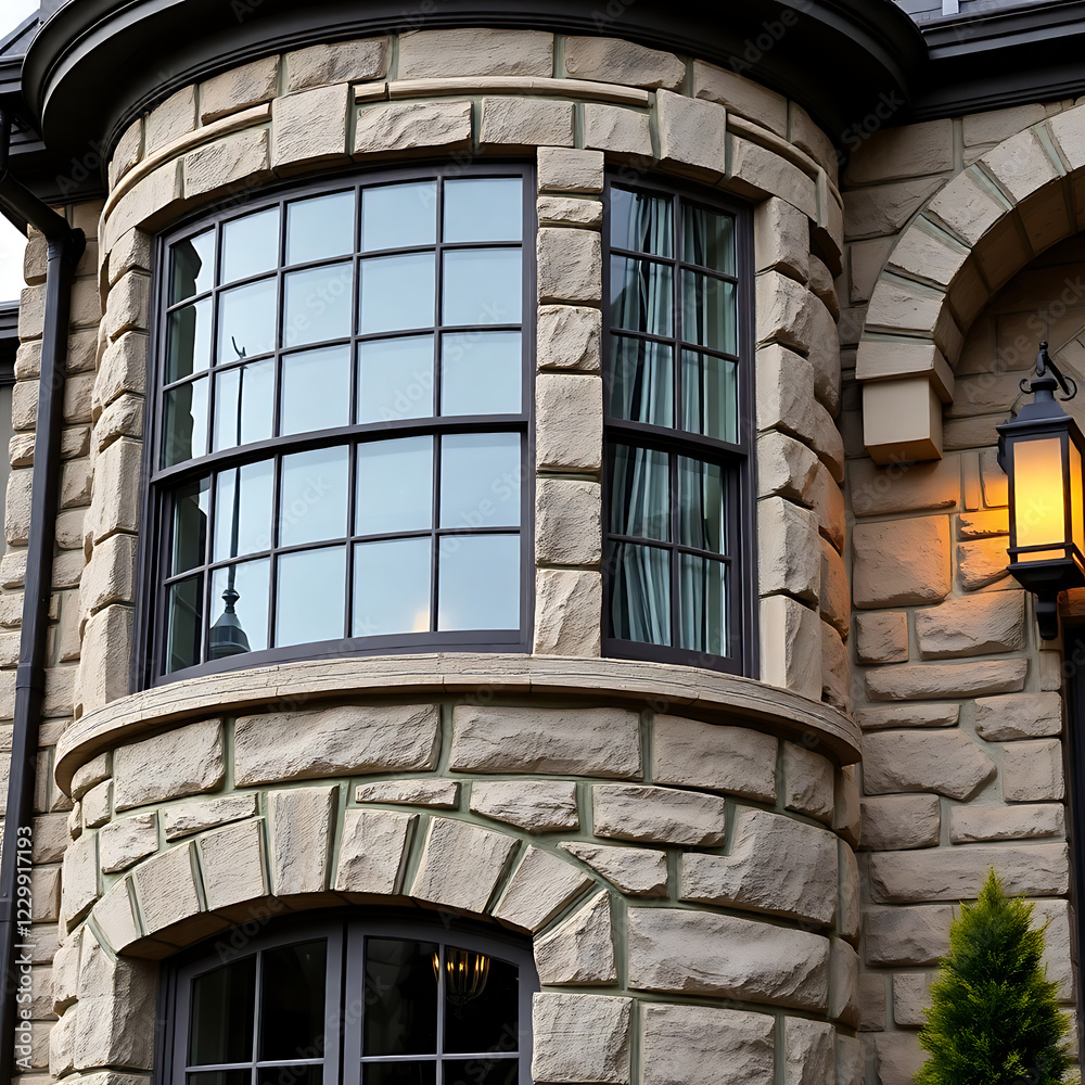 Obraz premium Elegant Stone House Exterior with Bay Window and Classic Design. Luxurious Residential Architecture. Real Estate Photography