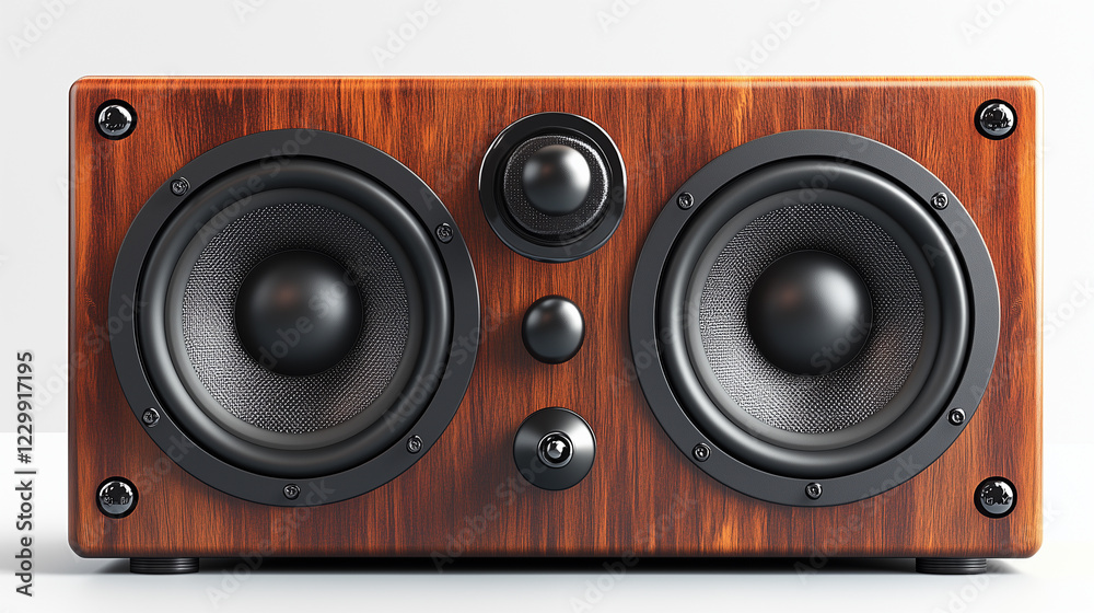 A classic wooden speaker with dual woofers, elegantly designed for rich sound and aesthetic appeal on a white background A classic wooden speaker with dual woofers, elegantly designed for rich sound and aesthetic appeal on a white background