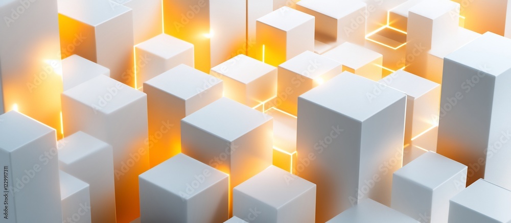 Fototapeta premium Abstract 3D Render: Glowing White Cubes and Orange Lights