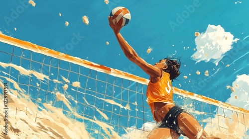 A female volleyball player jumps on the beach sand for a fun summer game