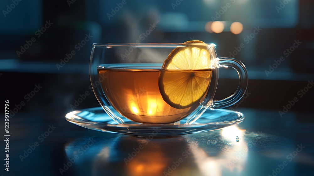 A clear glass cup filled with hot herbal tea and a lemon slice A clear glass cup filled with hot herbal tea and a lemon slice