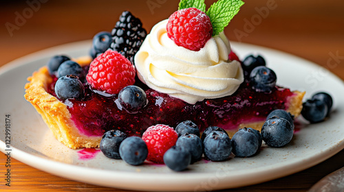Fruit Tart, A beautifully plated fruit tart with a decorative swirl, captured in high fidelity, perfect for culinary and dessert-themed projects.