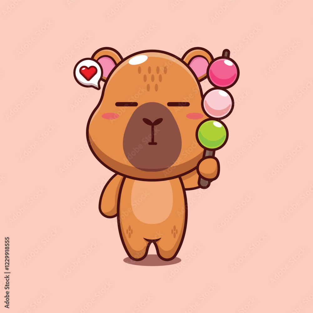Obraz premium capybara mascot cartoon character vector illustration eating dango.