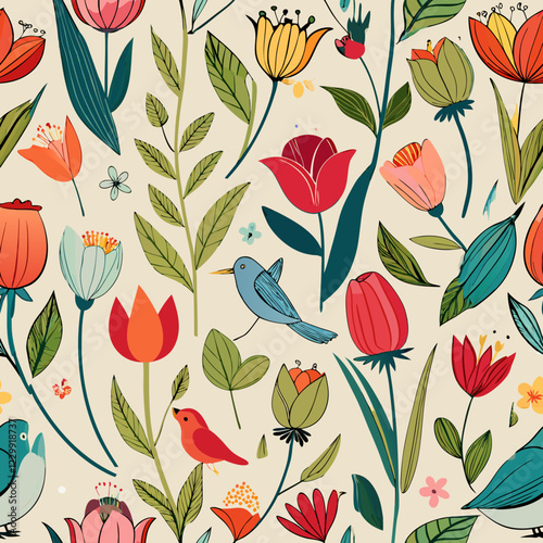 Seamless Pattern of Blooming Tulips and Little Birds – Elegant Floral Design. Perfect for: Spring, Easter, Mother's Day, floral-themed events, wedding invitations, garden parties