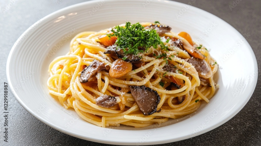 Savoring a delightful plate of truffle pasta, this exquisite dish features al dente noodles topped with finely chopped herbs and aromatic ingredients. A culinary masterpiece awaits Savoring a delightful plate of truffle pasta, this exquisite dish features al dente noodles topped with finely chopped herbs and aromatic ingredients. A culinary masterpiece awaits